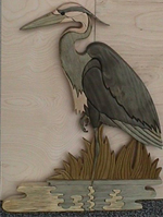 great blue heron intarsia, blue stain pine, poplar